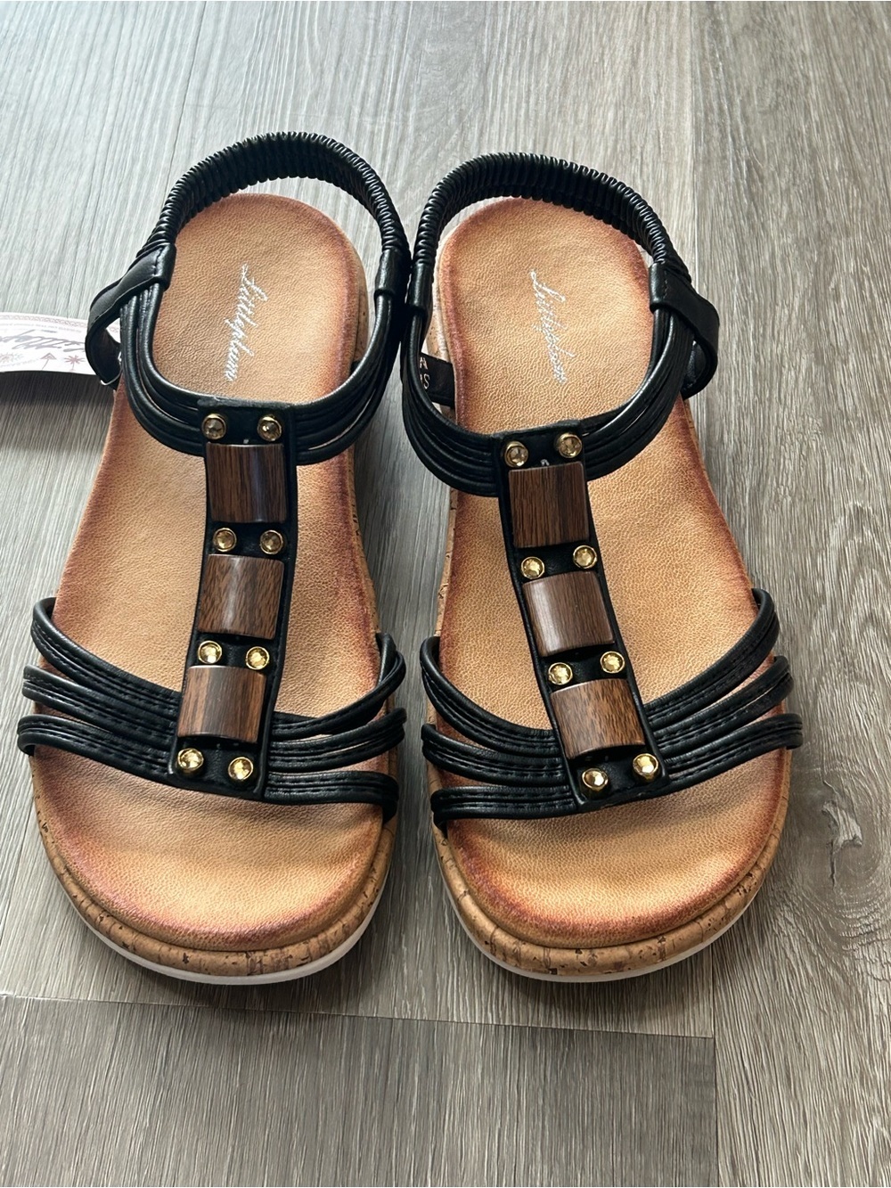 NWT Littleplum Black Bohemian Flat Sandals Wood Accents Comfort Ankle Strap 8